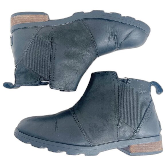 Sorel Emelie H2O Chelsea Boot Black Leather Waterproof Ankle Bootie Size 9 - Picture 2 of 10